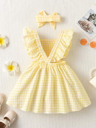 SHEIN Vintaside Kids Young Girl Gingham Ruffle Trim Overall Dress & Accessory Headband