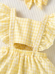 SHEIN Vintaside Kids Young Girl Gingham Ruffle Trim Overall Dress & Accessory Headband - Yellow - View 3
