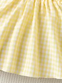 SHEIN Vintaside Kids Young Girl Gingham Ruffle Trim Overall Dress & Accessory Headband - Yellow - View 5