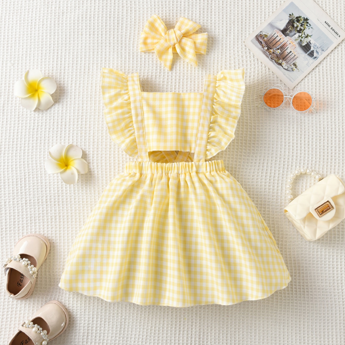 Vestido General De Cuadros Para Niña Con Ribete De Volantes Y Diadema De Accesorio