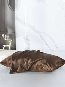 2 件套涤纶缎面枕套 - 纯色枕套，温和呵护秀发和肌肤，采用信封封口设计，不含枕芯，适用于卧室、宿舍、旅行 - 咖啡棕 - 查看 1
