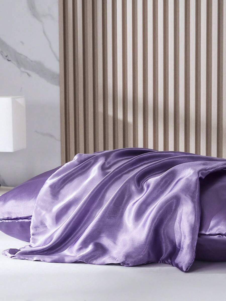 Bộ 2 vỏ gối bằng vải satin polyester - Vỏ gối màu trơn cho tóc và da, khóa dạng phong bì, không có ruột gối, thích hợp cho phòng ngủ/phòng khách/ký túc xá (trai/gái)/du lịch - Màu tím - Xem 1