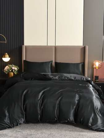 3pcs Solid Color Bedding Set, Satin, Smooth & Soft Polyester Fiber Quilt Cover Set. Set Includes: 1 Quilt Cover With 4-Corner Ties & Zipper + 2 Pillowcases (No Comforter Or Pillow Insert), Suitable For Bedroom, Travel, Dorm (Boys/Girls)