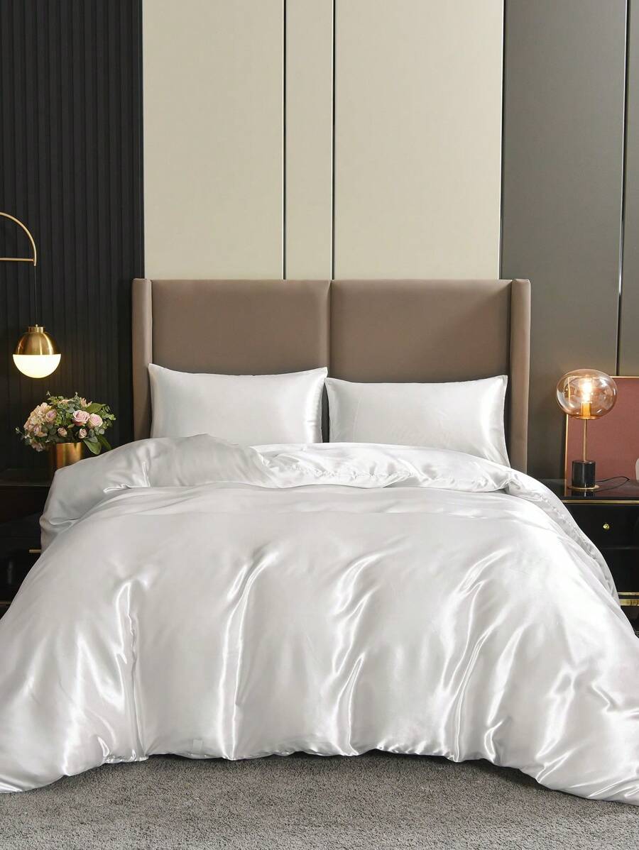 3pcs Solid Color Tweed Duvet Cover Set With 2 Pillowcases - White - View 1