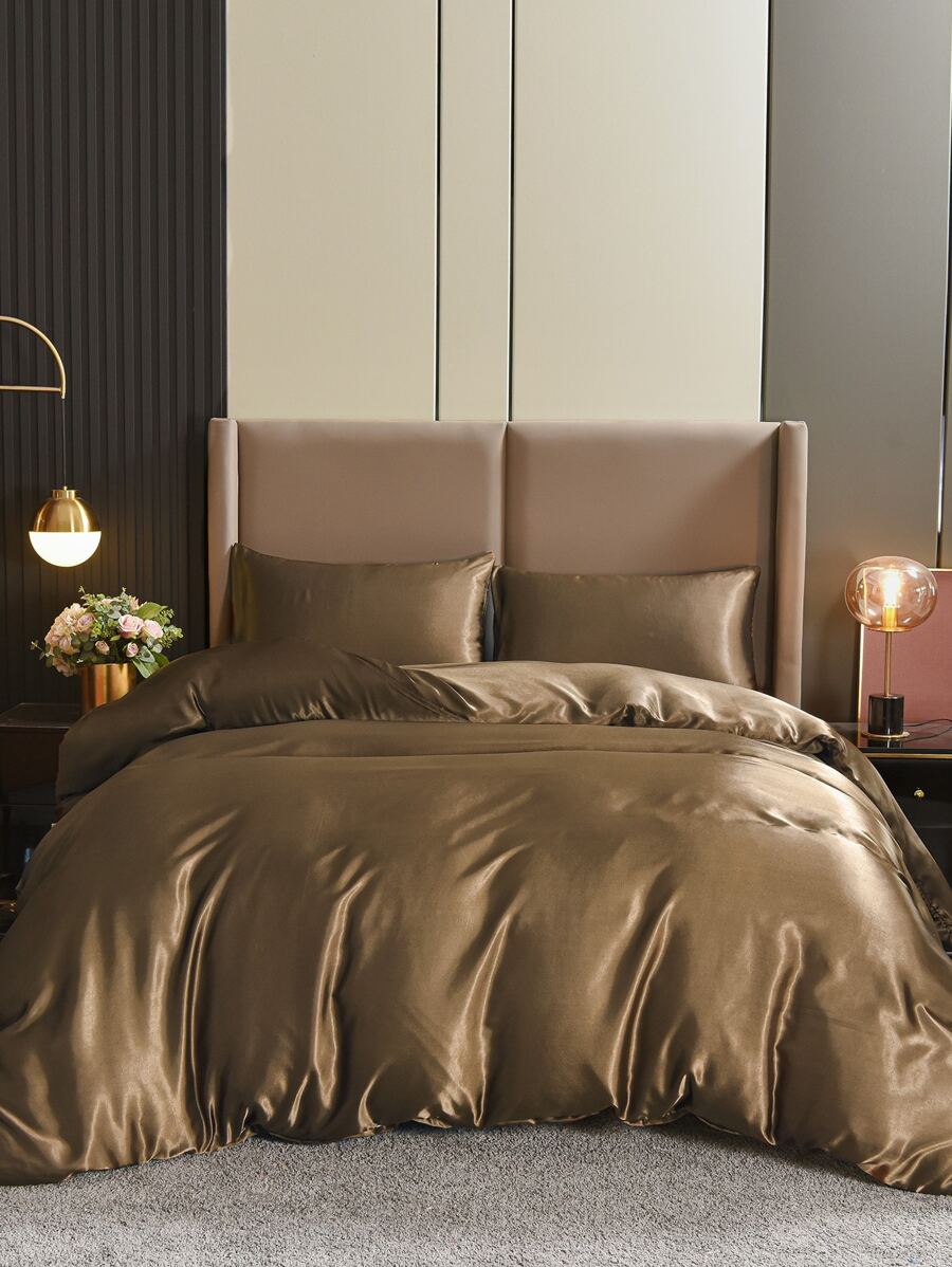 3 chiếc Satin Bộ Vỏ Chăn, Giả Lụa Bộ Chăn Ga Gối Màu Trơn Bộ Vỏ Chăn (1 Vỏ Chăn Và 2 Vỏ Gối Nằm) - Cà phê nâu - Xem 1