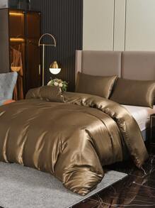 3 chiếc Satin Bộ Vỏ Chăn, Giả Lụa Bộ Chăn Ga Gối Màu Trơn Bộ Vỏ Chăn (1 Vỏ Chăn Và 2 Vỏ Gối Nằm) - Cà phê nâu - Xem 4