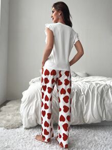 CoupledUp Heart Print Ruffle Trim PJ Set / Pajama Set Holiday Season - Red and White - View 2