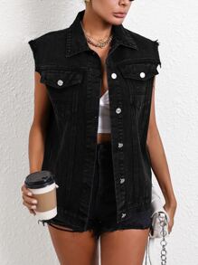 EMERY ROSE Flap Pocket Vest Denim Jacket - Black - View 1