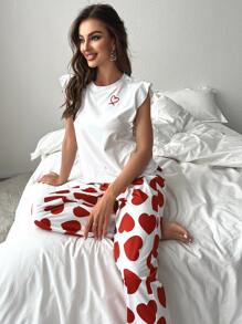 CoupledUp Heart Print Ruffle Trim PJ Set / Pajama Set Holiday Season - Red and White - View 4