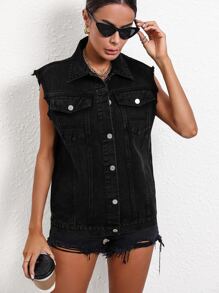 EMERY ROSE Flap Pocket Vest Denim Jacket - Black - View 3