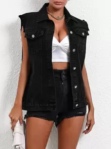 EMERY ROSE Flap Pocket Vest Denim Jacket - Black - View 6