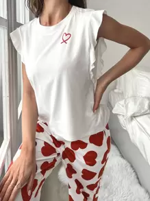 CoupledUp Heart Print Ruffle Trim PJ Set / Pajama Set Holiday Season - Red and White - View 5