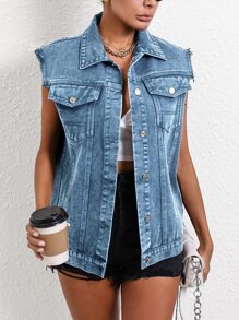 SHEIN Frenchy Flap Pocket Vest Denim Jacket - Medium Wash - View 1