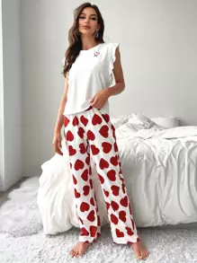 CoupledUp Heart Print Ruffle Trim PJ Set / Pajama Set Holiday Season - Red and White - View 6