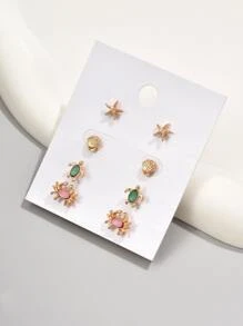 4pairs/set Fashion Zinc Alloy Turtle & Shell Stud Earrings For Women For Daily Decoration - Yellow Gold - View 1