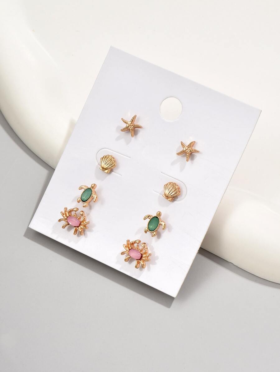 4pairs/set Fashion Zinc Alloy Turtle & Shell Stud Earrings For Women For Daily Decoration - Yellow Gold - View 1