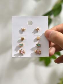 4pairs/set Fashion Zinc Alloy Turtle & Shell Stud Earrings For Women For Daily Decoration - Yellow Gold - View 3