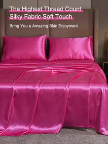 素色緞面四件套1入組床笠和1入組床單和2入組枕套 - 玫紅色 - 查看 7