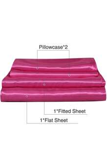 素色緞面四件套1入組床笠和1入組床單和2入組枕套 - 玫紅色 - 查看 4
