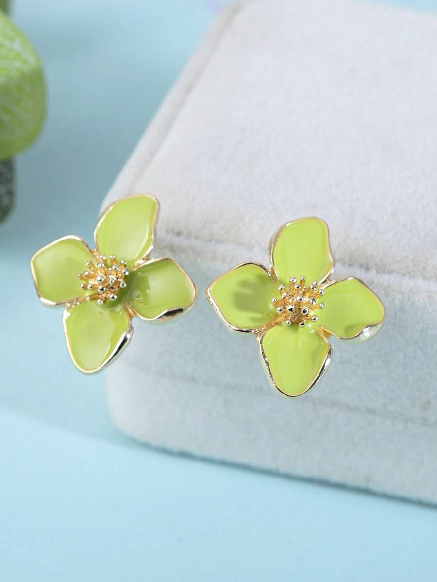 1 Pair Fashionable High-End Sweet Elegant Minimalist Versatile White, Pink, Red, Burgundy, Purple, Green Enamel 4-Petal, 5-Petal, 6-Petal Flower Earrings, Suitable For Daily Wear, Vacation, Gift