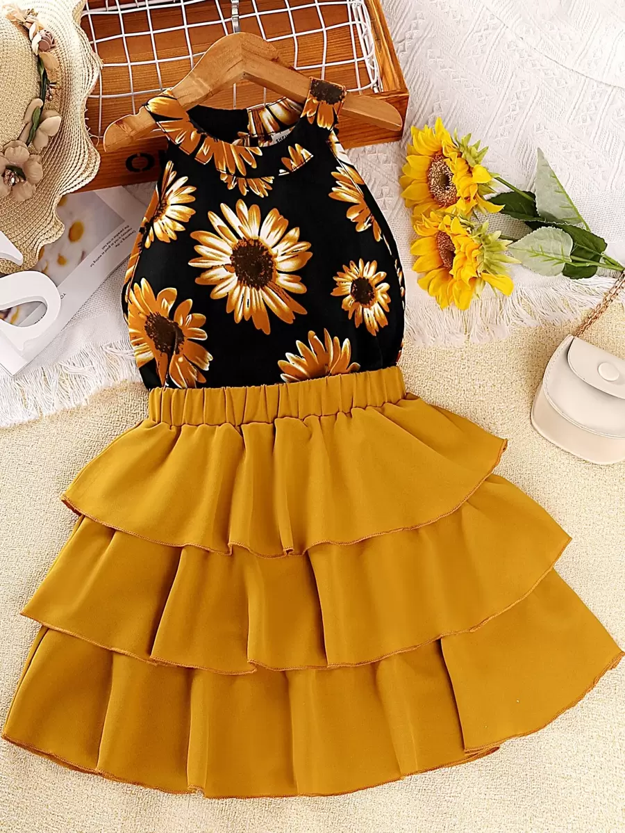 SHEIN Sparklyn Tween Girl Floral Print Halter Top & Layer Hem Skirt - Multicolor - View 1