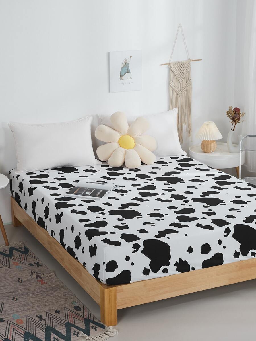 牛印花床單，黑白卡通床單，適用於臥室 - 黑與白 - 查看 1