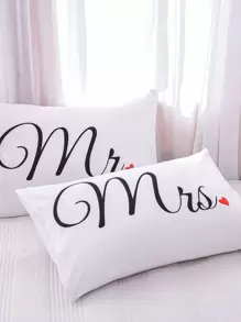 2pcs Couple Style Letter Printed Pillowcase With Pocket, 100% Polyester Digital Printing, Suitable For Bedroom, Dorm And Travel, Easy To Carry