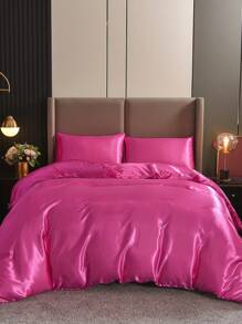 3pcs Plain Polyester Duvet Cover Set, Solid Color With Corner Ties Design, Set Includes: 1 Zippered Duvet Cover (No Filler) + 2 Pillowcases (No Filler), Suitable For Bedroom/Travel/Dorm (Boys/Girls) - Hot Pink - View 7