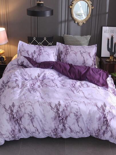 3pcs Quilt Cover Set, Granite/Marble Pattern, Purple/Gray Color Optional. Set Includes: 1pc Duvet Cover With 4 Corner Ties & Zipper, 2pcs Pillow Shams (Without Pillow Inserts). Suitable For Travel, Hotel Or Home Use, Full Size