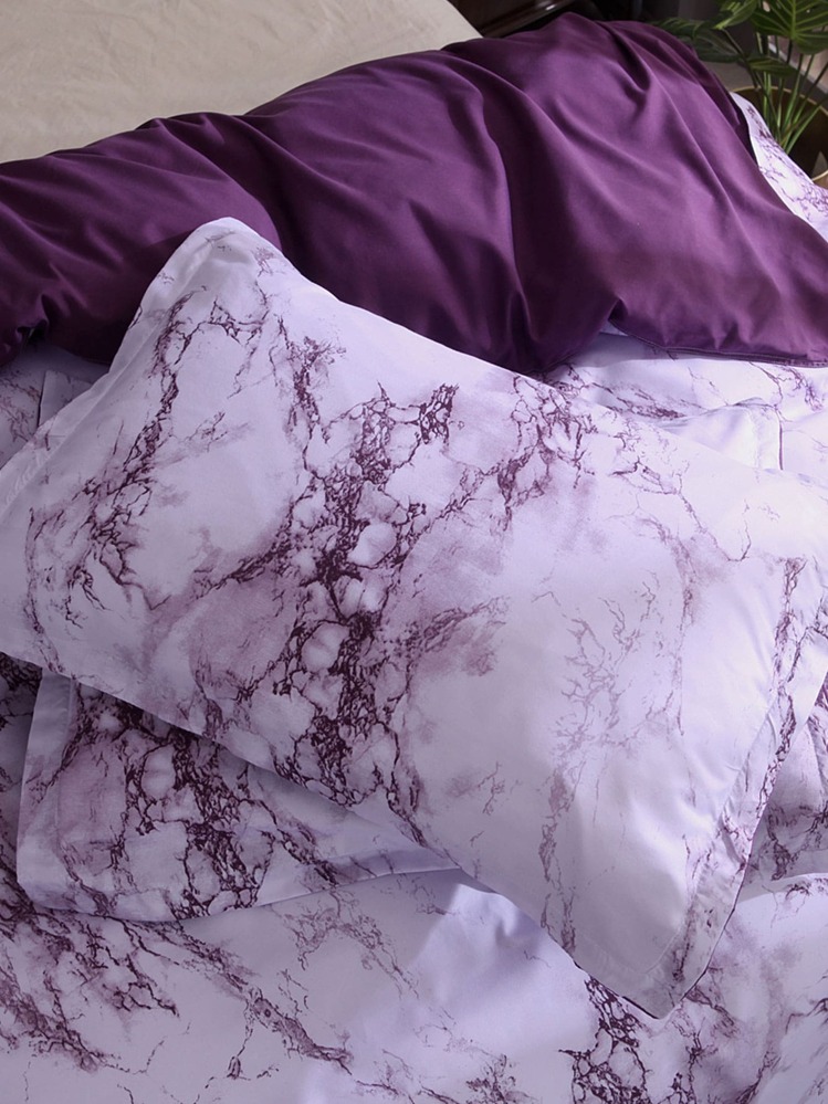 3 st bäddset i sten/marmormönster, tillgängligt i lila/grå, innehåller: 1 st påslakan med 4 hörnband och dragkedja, 2 st kuddar (ingen kuddinlägg), lämplig för resor, hotell och hem, set i full storlek - Blåröd - Visa 4