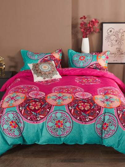 3pcs Polyester Bedding Set, Vibrant Color Floral Design, Full Size Set, Includes 1 Duvet Cover With 4 Corner Ties & Zipper + 2 Pillow Shams (No Fillings), Suitable For Travel, Camping, Home & Dorm Use