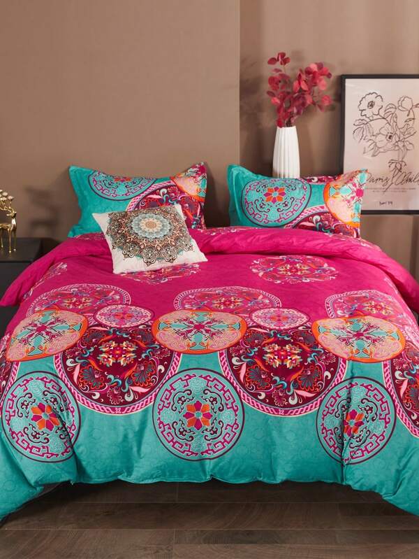 3pcs Polyester Bedding Set, Vibrant Color Floral Design, Full Size Set, Includes 1 Duvet Cover With 4 Corner Ties & Zipper + 2 Pillow Shams (No Fillings), Suitable For Travel, Camping, Home & Dorm Use