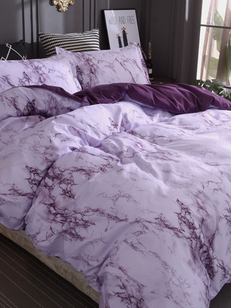 3 件套被套，花岗岩/大理石图案，紫色/灰色可选。套装包括：1 件羽绒被套，带 4 个角带和拉链，2 件枕套（不含枕芯）。适合旅行、酒店或家庭使用，全尺寸