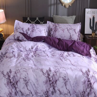 3pcs Quilt Cover Set, Granite/Marble Pattern, Purple/Gray Color Optional. Set Includes: 1pc Duvet Cover With 4 Corner Ties & Zipper, 2pcs Pillow Shams (Without Pillow Inserts). Suitable For Travel, Hotel Or Home Use, Full Size