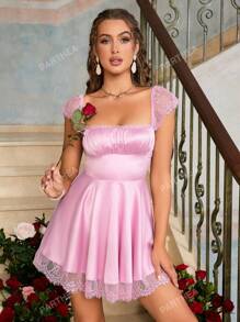 PARTHEA Contrast Lace Square Neck Ruched Bust Dress