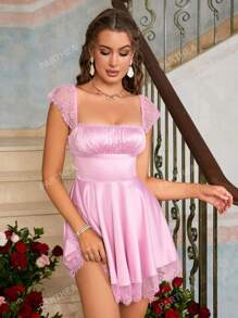 PARTHEA Contrast Lace Square Neck Ruched Bust Dress