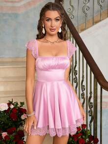 PARTHEA Vestido con encaje en contraste de cuello cuadrado pecho con fruncido - Rosa - Ver 8