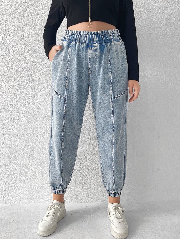 SHEIN EZwear 大碼彈性腰帶斜口袋束腳牛仔褲 - 淺色水洗藍 - 查看 1