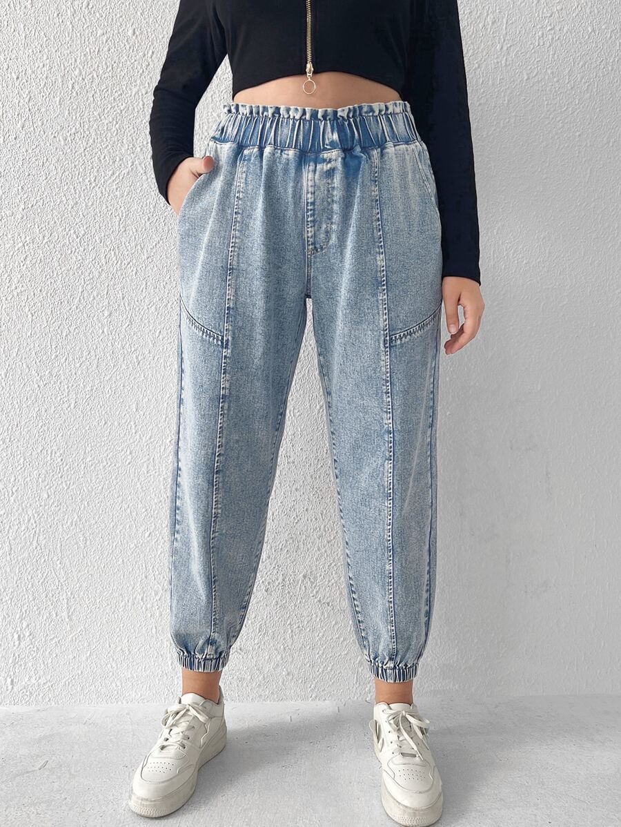 SHEIN EZwear 大碼彈性腰帶斜口袋束腳牛仔褲 - 淺色水洗藍 - 查看 1