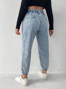 SHEIN EZwear 大碼彈性腰帶斜口袋束腳牛仔褲 - 淺色水洗藍 - 查看 2