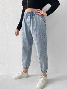 SHEIN EZwear 大碼彈性腰帶斜口袋束腳牛仔褲 - 淺色水洗藍 - 查看 3