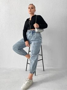SHEIN EZwear 大碼彈性腰帶斜口袋束腳牛仔褲 - 淺色水洗藍 - 查看 4