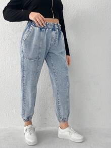 SHEIN EZwear 大碼彈性腰帶斜口袋束腳牛仔褲 - 淺色水洗藍 - 查看 5
