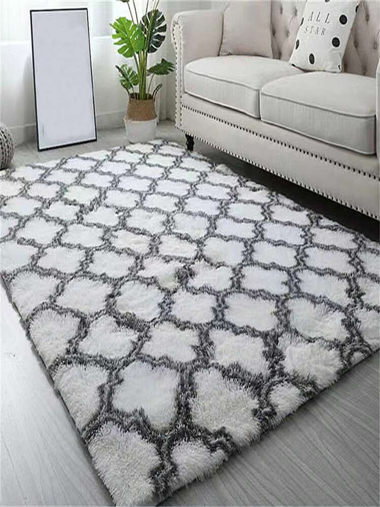 1pc Polyester Rug, Modern Geometric Pattern Fuzzy Bedroom Rug For Living Room ,Room Decor - Black and White - View 1