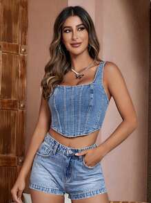 SHEIN Essnce de cuello cuadrado Tank crop Top en mezclilla - Lavado ligero - Ver 3