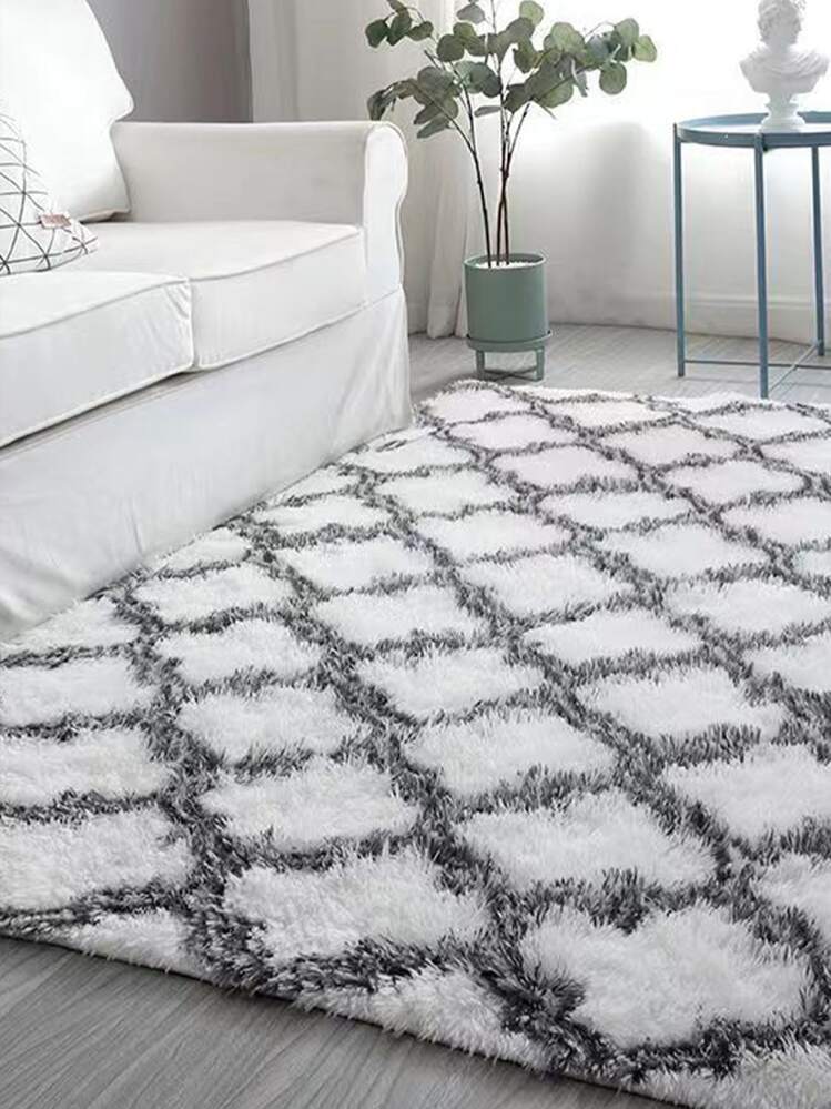 1pc Polyester Rug, Modern Geometric Pattern Fuzzy Bedroom Rug For Living Room ,Room Decor - Black and White - View 6