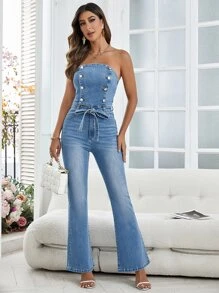 SHEIN Privé Button Front Belted Flare Leg Tube Denim Jumpsuit - Medium Wash - View 1