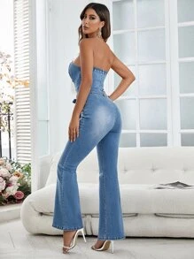 SHEIN Privé Button Front Belted Flare Leg Tube Denim Jumpsuit - Medium Wash - View 2