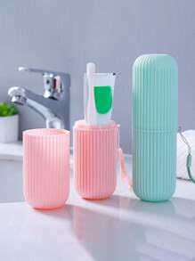 1pc Portable Toothbrush Box, Pink Multifunction Bathroom Tumbler For Travel - Pink - View 2