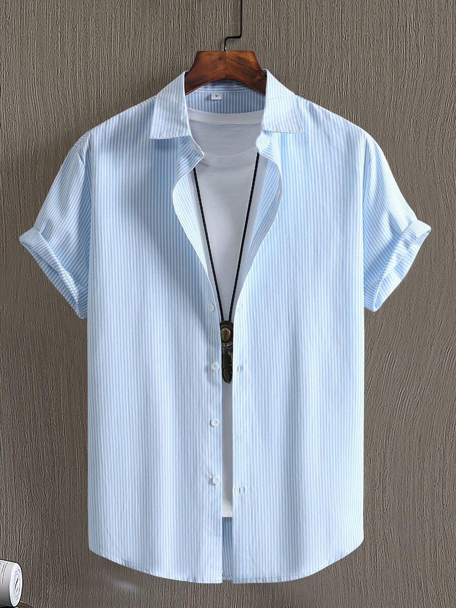 Manfinity Homme Men Cotton Striped Print Shirt Without Tee - Blue and White - View 1